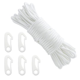 CONNECTION 20M Flag Pole Rope with 5 Pcs Flag Pole Clips 6mm Nylon Flag Rope Flagpole Rope Flag Pole Halyard Rope Plastic Hook Clips for Flagpole,Garden,Camping,Outdoor,Clothesline,Swing (White)