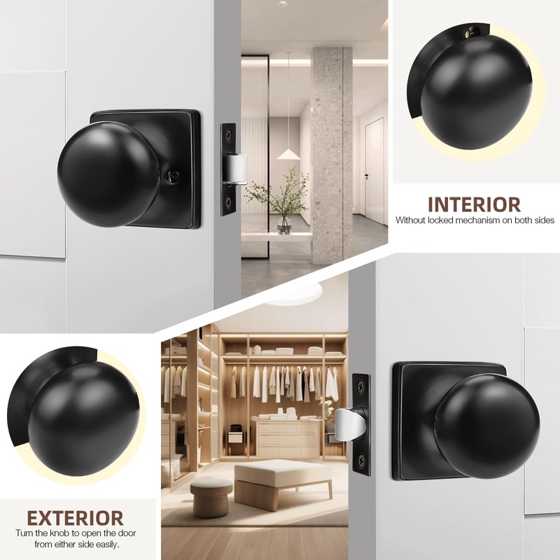 GOBEKOR Black Door Knobs Keyless Interior Door Knobs Matte Black