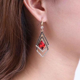 Yienate Boho Crystal Geometric Square Drop Earrings Unique French Red Rhinestone Earrings Hollow Square Crystal Drop Earrings Wedding Tassel Ruby Earrings for Women, Zinc, No Gemstone