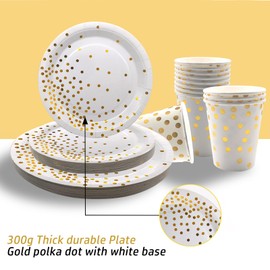 Party Supplies Set -175 Pieces Gold Dot Disposable Paper Plates Cups Napkins and Straws, Gold Plastic Knives Forks Spoons Serves 25 Sets Available for Wedding, Birthday,Party,Graduation,Festivals