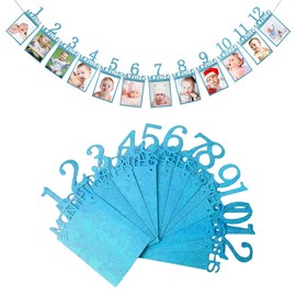 Birthday Photo Garland Photo Frame Decoration 1st 12 Months Birthday Party Celebration Decoration Wall Hanging Picture Frame Picture Frame Anniversary Baby Wedding with String (Blue)