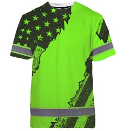 Maddly Hi Vis Shirt Reflective Green Neon Water Color American Flag Patriotic Custom Name Safety Workwear for Workers, Runners, Cyclists, Truckers, Operator-XL