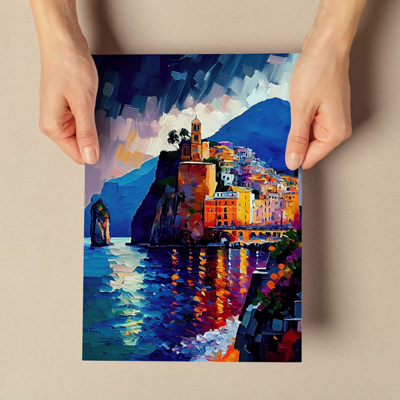 Nacnic Amalfi Coast Oil Painting Style Poster. Illustrations of monuments