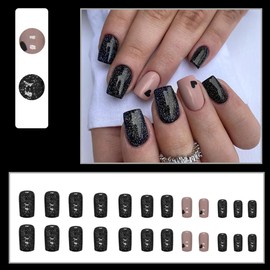 AkiliBIELY Short Medium Press on Nails Square Black Heart Brown Cute Bling Glue on Nails Women Fake Nails Acrylic Gel Stick on Nails Fantasy Design Classy Aesthetic False Nails Wedding Birthday