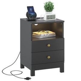 Nightstand with Charging Station, Bedside Table with USB & Type-C Port, Modern End Table with 2 Drawers for Bedroom Furniture, Black