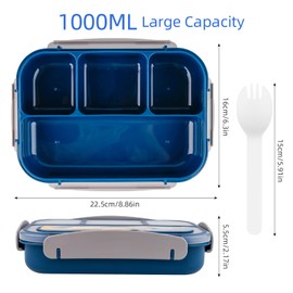 BigKego Lunch Box 1000 ml Lunch Box with 4 Compartments Leak-Proof Bento Box Breakfast Box Meal Prep Box Snack Box BPA Free for School Office Picnic and Travel (Blue)