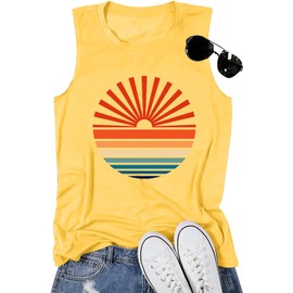 Summer Cute Graphic Sleeveless Shirts Womens Tank Tops Sunrise Sunset Sunshine Tropical Outdoor Workout Hawaii Beach Holiday Vacation Shirt, Yellow L