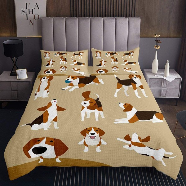 Homewish Dog Quilted Coverlet Various Cute Beagle Pattern Printed Bedspread Animal Theme Coverlet Set 3pcs for Kids Boys Soft Polyester Quilt Set (1 Bedspread + 2 Pillow Cases) Queen Size