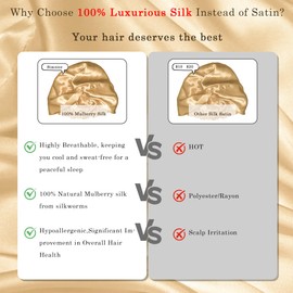 Simnice 100% Mulberry Silk Bonnet for Women Hair Care, Double-Layer Hair Bonnet for Sleeping, Natural Silk Hair Wrap with Elastic Stay On Head,Champagne Gold