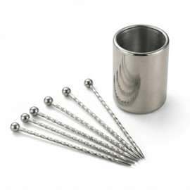 KGCGJVB 6Pcs Metal Cocktail Picks and Holder Reusable Stainless Steel Skewers Toothpicks Kit for Cocktails Drinks Garnish Appetizers Martini Picks Fruit Coctail Skewer Accessories