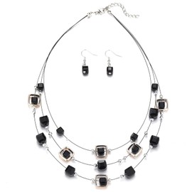 Layered Silver Beaded Necklace for Women Square Crystal Beads Statement Collar Necklace and Earrings Fashion Costumes Jewelry Sets for Women(Black)