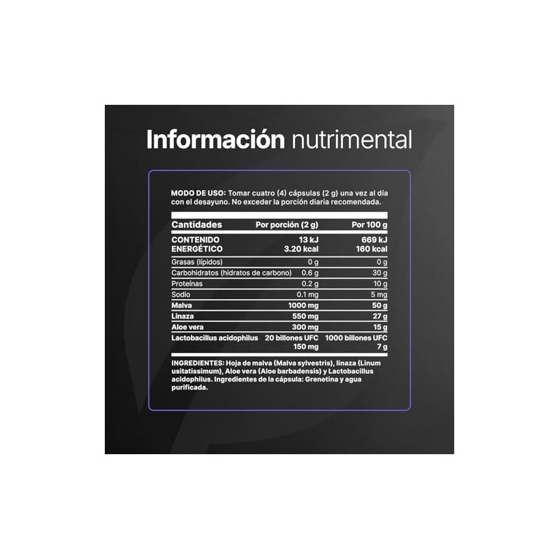 Probióticos Linaza Malva Aloe Vera Cápsulas 2000 Por Porción Ingredientes
