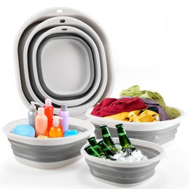 Collapsible Tub Wash Basin Laundry Tub 3 Pack Collapsible Laundry Baskets Foldable Dish Tub Plastic Washtub Space Saving Storage Container for Dishing, Fruit, Camping, Laundry, Hiking & Home (Grey)