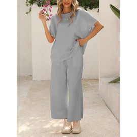Famulily Women Comfy 2 Piece Lounge Airport Pajamas Sets Short Sleeve Blouse and Wide Leg Sweatpants Gray L