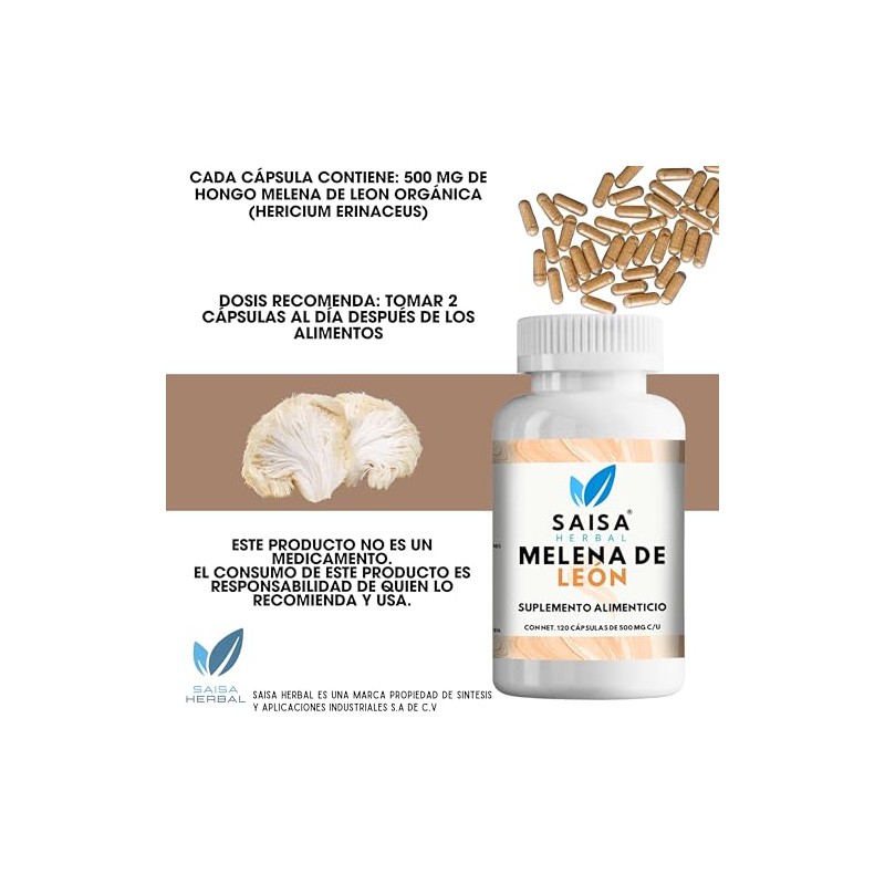 SAISA HERBAL Melena de León,120 Cápsulas Memoria, Concentración, Bienestar Cognitivo