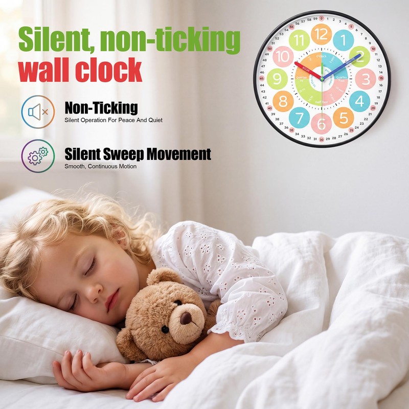 12" Educational Wall Clock, Colorful Time Teaching Analog Clock