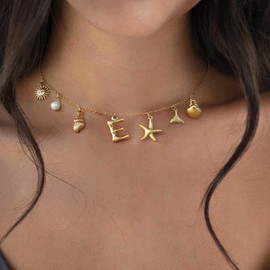 Gold Charm Initial Necklaces for Women Teens, Seashell Necklace Starfish Pearl Summer Beach Jewelry Gift Choker Necklace for Women Letter J