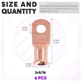 Swpeet 6Pcs 2 AWG - 5/16" (M8) Ring Terminals UL Listed Copper Battery Cable Lugs Wire Lugs, Battery Cable Ends Bare Copper Eyelets, Tubular Ring Battery Cable Ends for Enhanced High Temperature