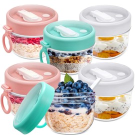 Rtteri 6 Pcs 20 oz Large Overnight Oats Containers with Lids and Spoons Plastic Yogurt Jars Leakproof Overnight Oats Jars with Lids Smoothie Containers Cups for Food Storage, 3 Colors