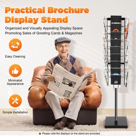 MOCHAG Rotating Brochure Display Stand, 63" Tall Detachable Magazine Rack w/36 Pockets, Floor Standing Magazine Holder Comic Book Rack, Metal Literature Display Stand for Office, Library, Bookstore