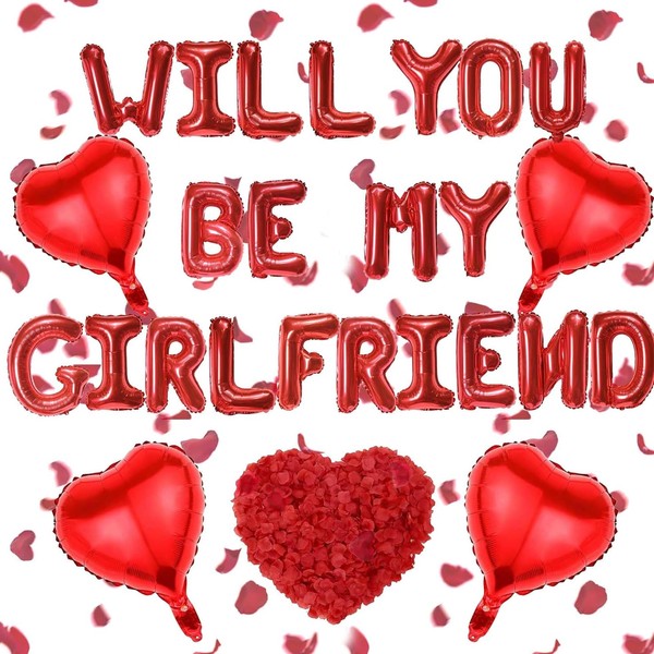 Will You Be My Girlfriend Balloons Red Letters and Heart-Shaped