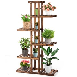 COSTWAY 6-Tier Multifunctional Wood Flower Stand, Shelf Holder for Multiple Plants, Freestanding Plant Rack for Garden, Patio, Balcony, Living Room, Indoor, Outdoor (29.5''x10''x55.5'')