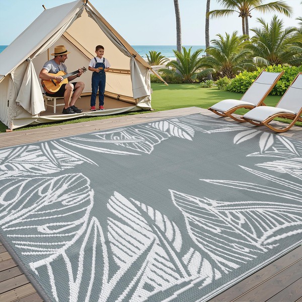 WondRg Outdoor Plastic Straw Rug Waterproof Patio 8x10 Grey White