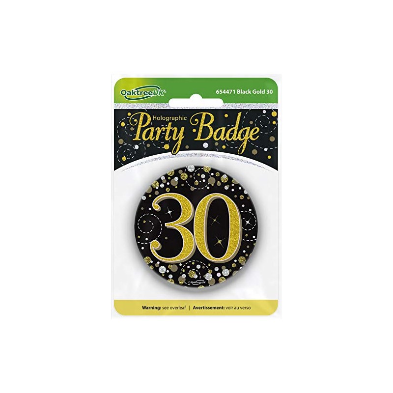 OakTree 3" Badge 30th Birthday Sparkling Fizz Black Gold Holographic