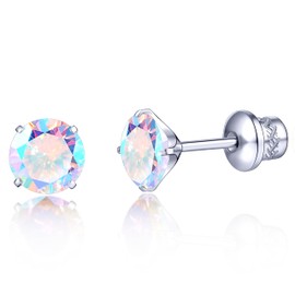 TitanHeart G23 Titanium CZ Stud Earrings, Hypoallergenic F136 Implant Grade Titanium Screw Back Simulated Diamond Earrings for Sensitive Ears, 6mm 5A Cubic Zirconia Stud Earrings for Women (Aurora Borealis)