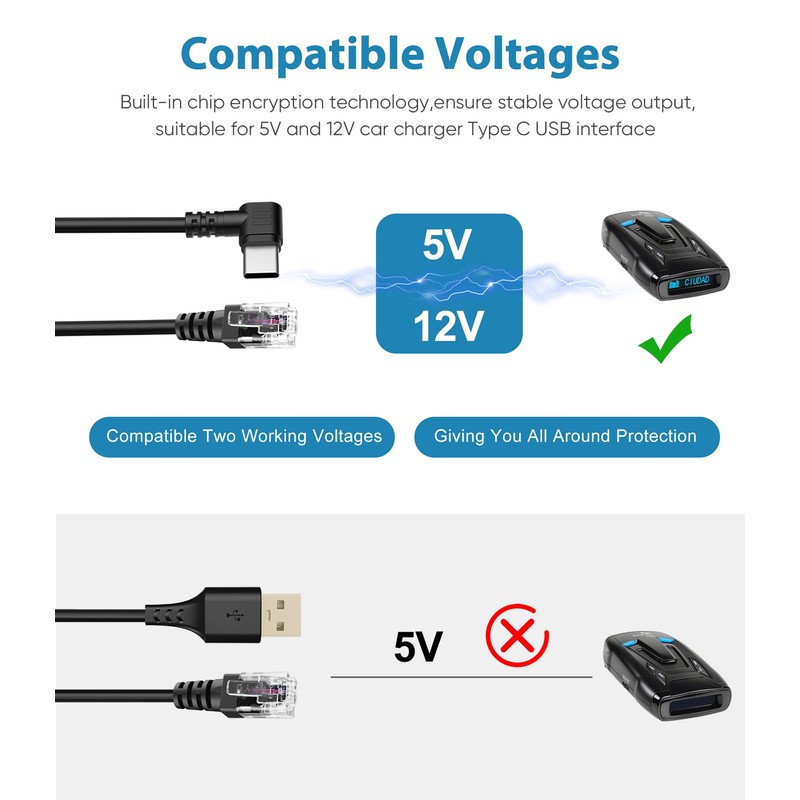 Radar Detector Cable with USB C to RJ11 Plug,Power Cable