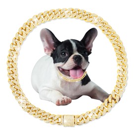 Dog Chain Gold Cuban Collars,Walking Silver Dog Metal Chain Choke Collar with Design Secure Buckle,Pet Cuban Crystal Collar Necklace Accessories for Small Medium Large Dogs Cats (Gold, 8inch)