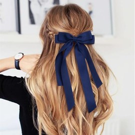 3Pcs Hair Bows for Women Double-Layer Long Tail Bow Hair Clip Hair Ribbon Ponytail Holder Hair Accessories for Women (Dark Blue, 13.5 * 2.5CM)