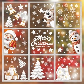 9 Sheets Christmas Window Clings for Glass Windows, Christmas Static Window Stickers Double Sided Xmas Window Decorations Snowflake Santa Claus Elk Window Decals for Winter Party (Style 2)