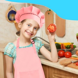 TOPWAYS Kids Cooking Apron and Hat Set 6 Pack, Kids Chef Outfit, Child Baking Apron, Kitchen Cooking Artist Apron with Two Pockets for Children Age 3 4 5 6 (6, mixed colors, M)