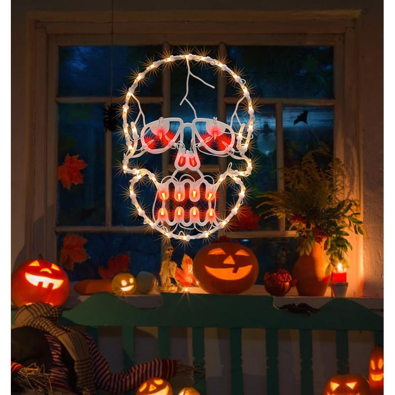 TWINGLEHOME 13.3" Lighted Skull Halloween Window Silhouette, 50 Mini Lights