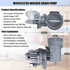 WPW10605427 W10425238 Washer Drain Pump, Washing Machine Drain Pump Motor Assembly Replacement Parts WPW10425238 W10605427 W10799064 W10799065 W10903216 W10918044