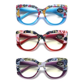 100 CLASSIC 3-Pack Oversized Cat Eye Blue Light Filtering/Anti-Glare Reading Glasses for Women Spring Hinges Floral Pattern Readers Ladies Fashion Eyeglasses (4.00+)