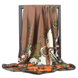 YOUR SMILE Silk Like Scarf Women's Fashion Pattern Large Square Satin Headscarf (Brown Bandanna)