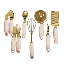 White & Gold Kitchen Tools and Gadgets - Luxe 7PC Cooking Tools and Gadgets with Anti-Slip Handles, Utensils Set, Gold Kitchen Accessories,Premium Kitchen Gadget Set (Champagne gold & pink)