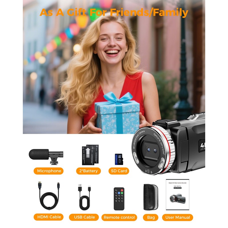 Video Camera 4K 60FPS Camcorder, 48MP 21X Digital Zoom Vlogging