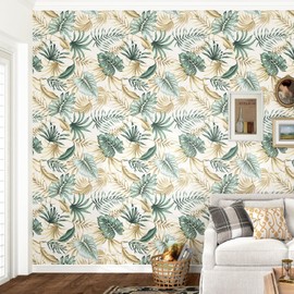 HotDecor Golden Leaf Tropical Peel and Stick Wallpaper for Accent Wall Removable Floral Green Gold Tropical Contact Paper for Cabinets Shelf Liner Bedroom Decor Wall Paper Vinyl Roll 118"x17.5"