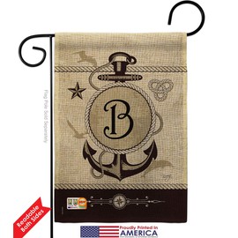 Breeze Decor GS130184-DB-03 Nautical B Initial Burlap Coastal Impressions Decorative Vertical 13" x 18.5" Double Sided Garden Flag Set Metal Fansy Wall Bracket Hardware
