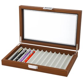 Pen Display Box, Elegant Walnut Fountain Pen Storage Case, 12 Slot Display, Smooth Woodgrain, Glass Cover, Smooth Metal Hinges Pen Display Case Ideal for Collectors