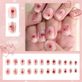 Glitter French Fake Nails,Glitter Red Heart Decoration False Nails,24pcs Glossy Red Stick on Nails with Glue,Short Fake Acrylic Nails,Square Stick on Nails for Valentine's day Manicure Home DIY