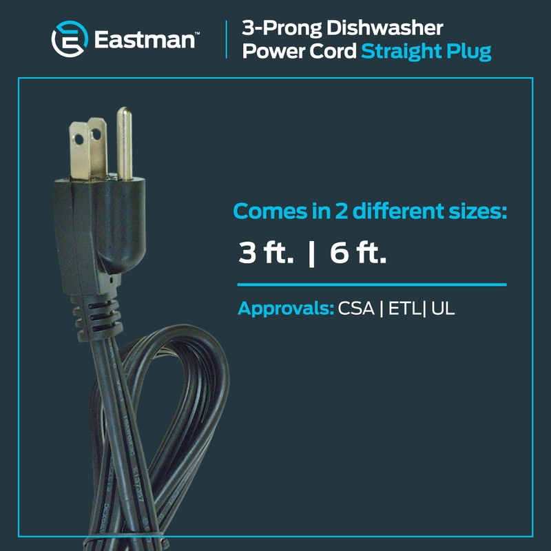 Eastman 3-Prong Dishwasher Power Cord, Straight Plug, 15 Amps, 6