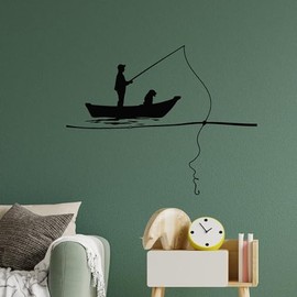 Vinyl Wall Decal Fisherman in Boat with Dog Silhouette Fishing Rod Stickers Mural Large Decor (g9475) Black