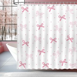 Mocsicka Pink Bow Shower Curtain Bow Polka Dots Bathroom Shower Curtain Cute Pink Bows Aesthetic Waterproof Fabric Shower Curtains Bathtub Decor with 12 Hooks 72 X 72 Inch (White)