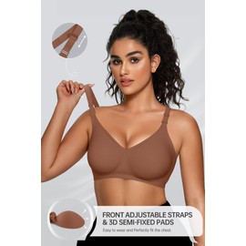 OEAK Womens Seamless Bras Comfortable Bra No Underwire Full Support Bralette Push Up Plus Size V Neck Sleeping Tshirt Bras Coffee 3XL