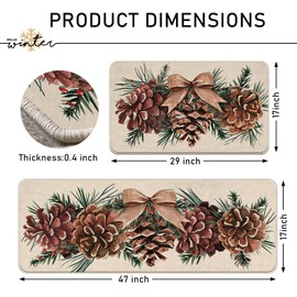 Tailus Winter Pine Cone Kitchen Rugs Set of 2, Bow Pine Needle Red Berry Kitchen Mats Decor, Seasonal Floor Door Mat Home Decorations - 17x29 and 17x47 Inch