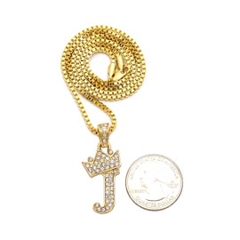 CBC Crown Rhinestone Studded Crown Small Initial Alphabet Letter Pendant Necklace16/18"/20" Box Chain Necklaces (18, Gold - J)
